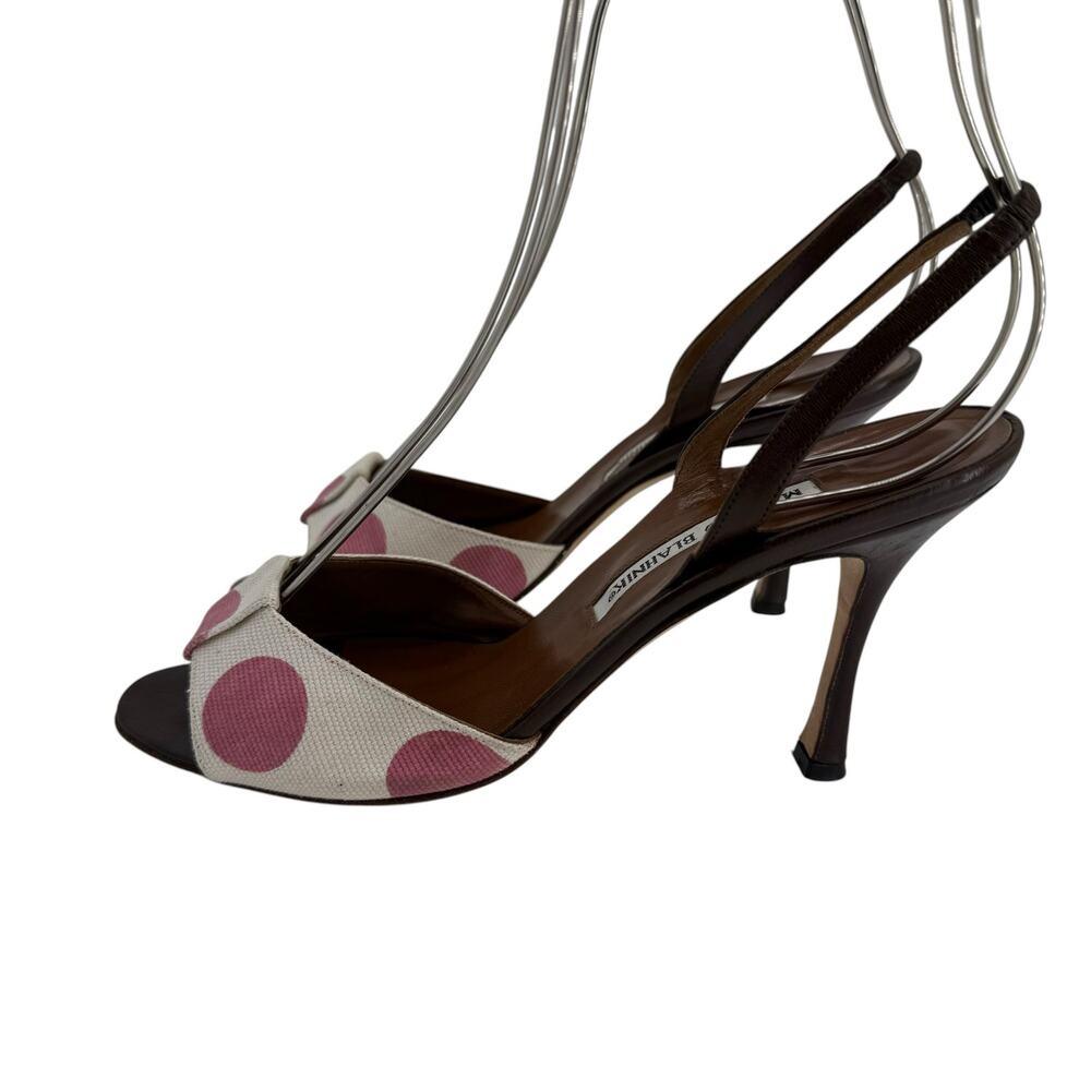 Vintage Manolo Blahnik Polka Dot Slingback Heels Canvas Brown Pink 38.5 Pinup - Picture 11 of 13